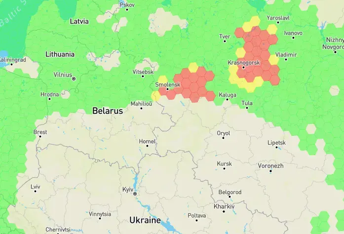 Mapa de interferencias GPS cerca de la frontera entre Rusia y Ucrania (GPSJam)