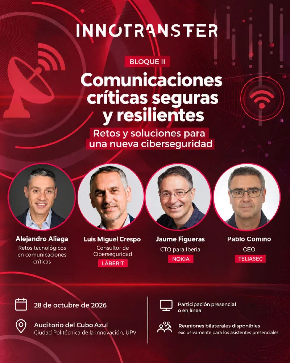 Cartel del Bloque II de la jornada Innotransfer sobre comunicaciones críticas seguras y resilientes, con Alejandro Aliaga, Luis Miguel Crespo, Jaume Figueras y Pablo Comino