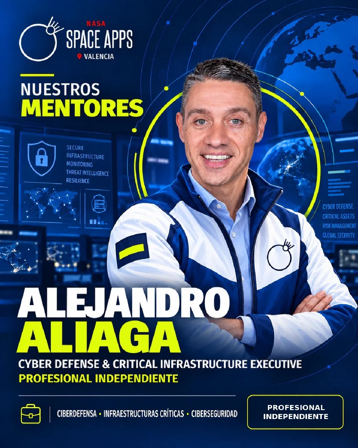 Cartel de 'Nuestros mentores' del NASA Space Apps Challenge Valencia 2026 con Alejandro Aliaga